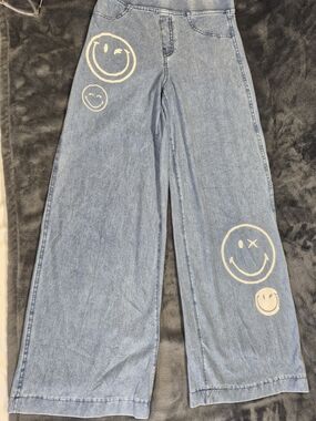 H& M Smile World  Blue Denim Jeans Size 12 Wide Leg Printed  Stretch